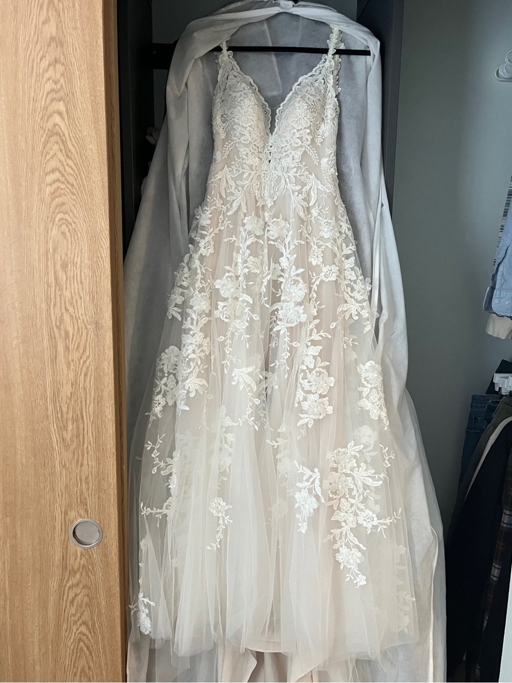 Ivory Lace Appliqué A-Line Wedding Dress with V-Neck
